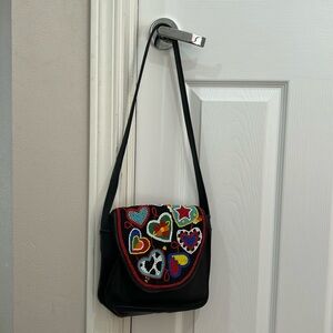 Vtg Brighton black leather beaded heart cowboy western shoulder bag purse